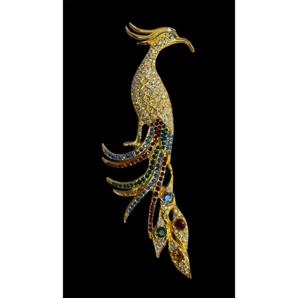 Taka Gold-Tone Rhinestone Phoenix Bird Brooch Pin Multicolor Crystals Costume 6